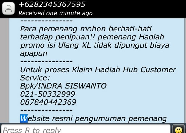 Contoh pesan SMS penipuan