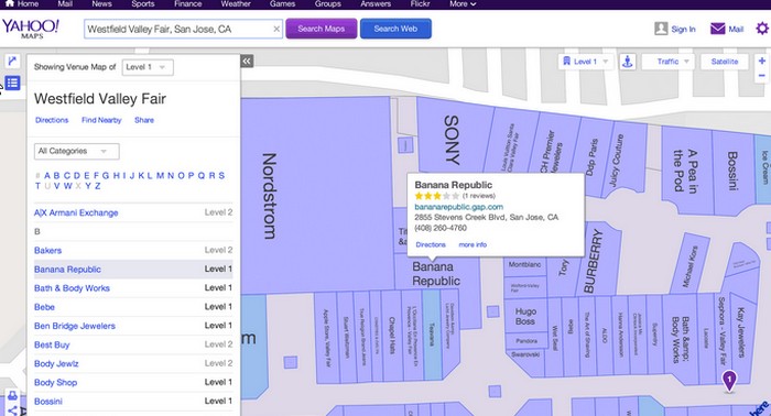 Yahoo Maps petakan Gedung Westfield Valley Fair