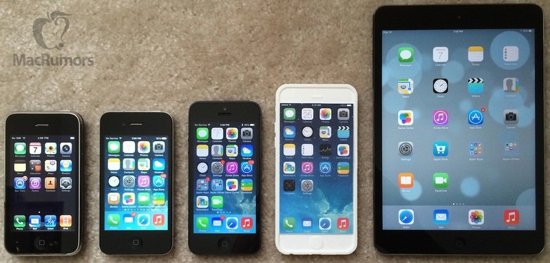 Kiri ke kanan iPhone 3G, iPhone 4, iPhone 5, iPhone 6 (mockup), Retina iPad mini