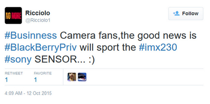 Tweet Ricciolo kamera BlackBerry Priv