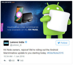 Lenovo K4 Note update Marshmallow Tweet