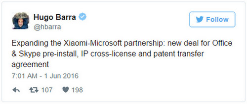 Tweet Hugo Barra kerjasama Xiaomi-Microsoft
