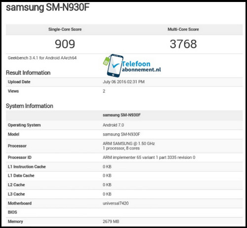 Galaxy Note 7 di Geekbench