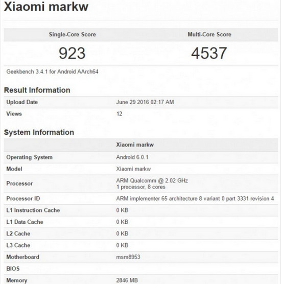Xiaomi MarkW di Geekbench