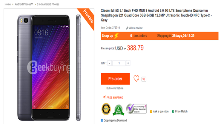 Harga Resmi dari Xiaomi Mi5S