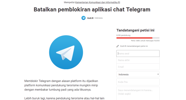 Netizen Buat Petisi Tolak Pemblokiran Telegram