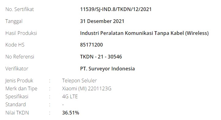 TKDN Xiaomi 12 Pro Indonesia