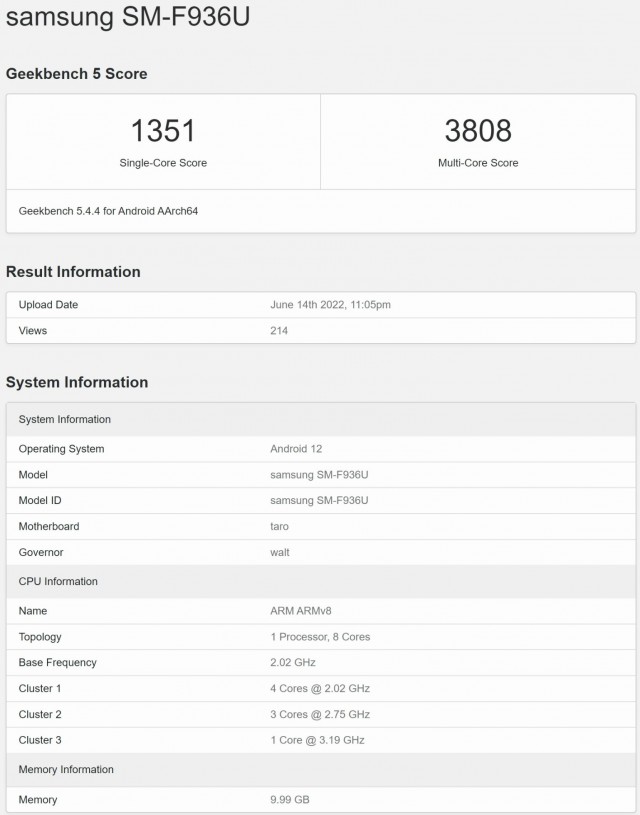 Geekbench Spesifikasi Samsung Galaxy Z Fold4