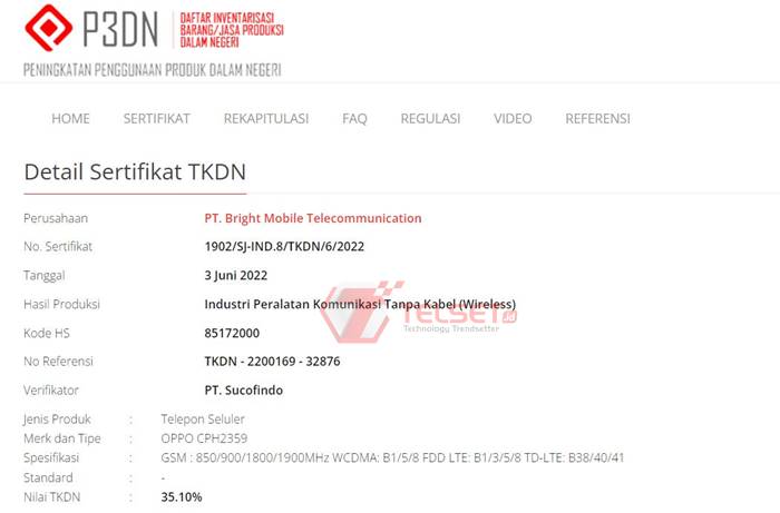 Sertifikat TKDN Oppo Reno 8