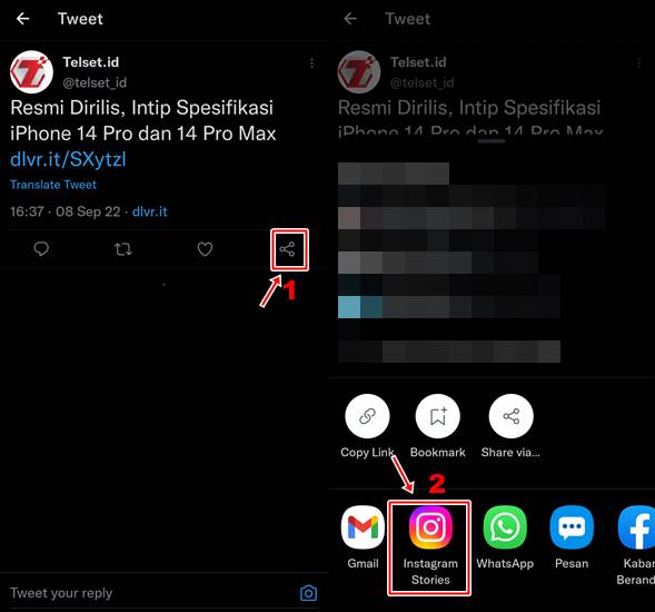 cara bagikan tweet twitter Instagram Stories