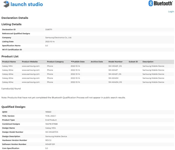 LIST SAMSUNG GALAXY M04 DAN A04E DI BLUETOOTH SIG