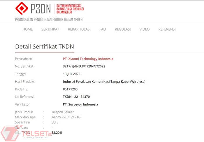 Sertifikat TKDN Xiaomi 12T