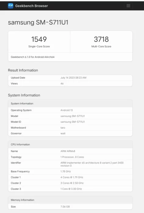 Samsung Galaxy S23 FE Geekbench