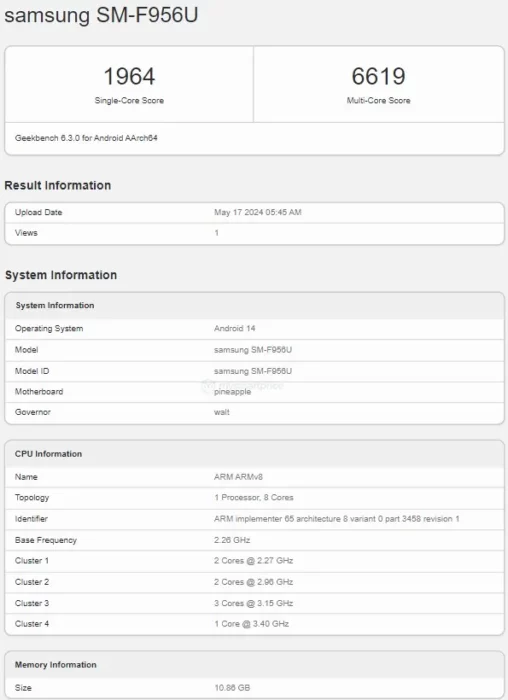 Samsung Galaxy Z Fold 6 Geekbench
