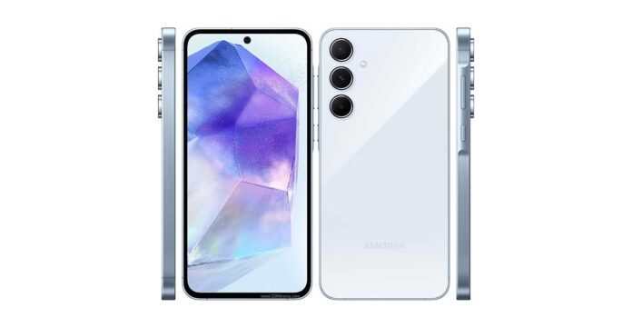 Samsung Galaxy A55 Tampilan depan Samsung Galaxy A55 dengan layar Super AMOLED dan kamera 50 MP