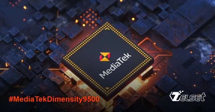 Ilustrasi chipset MediaTek Dimensity 9500 dengan latar belakang teknologi modern