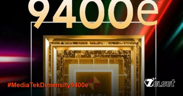 Ilustrasi chipset MediaTek Dimensity 9400e dengan latar belakang teknologi futuristik