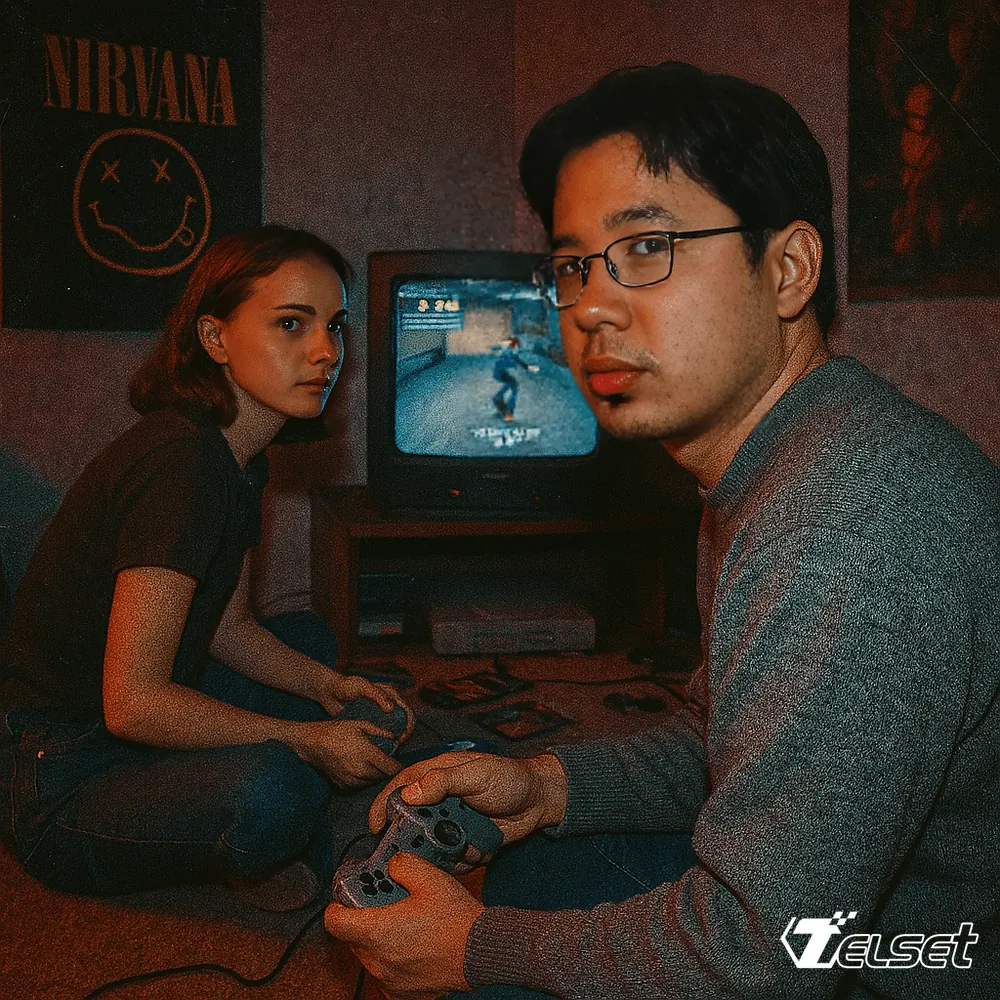 Sudut sinematik seorang saya dan Natalie Portman bermain PS1 di kamar grunge dengan pencahayaan merah-biru dan tekstur film autentik