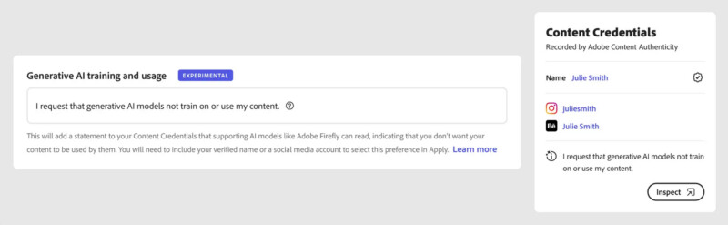 A digital interface showing a form titled 'Generative AI training and usage' with a statement requesting AI models not to use the user's content.