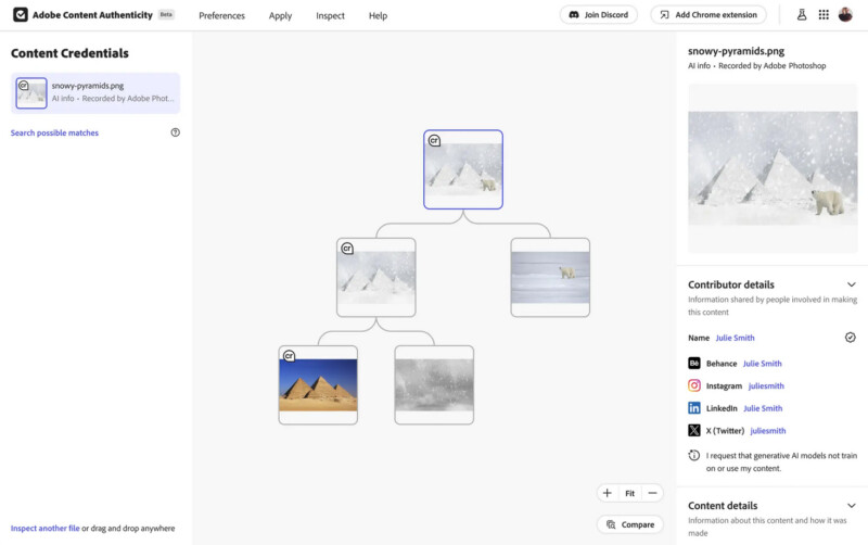 A screenshot of Adobe Content Credentials showing an image history tree with branches to related images.