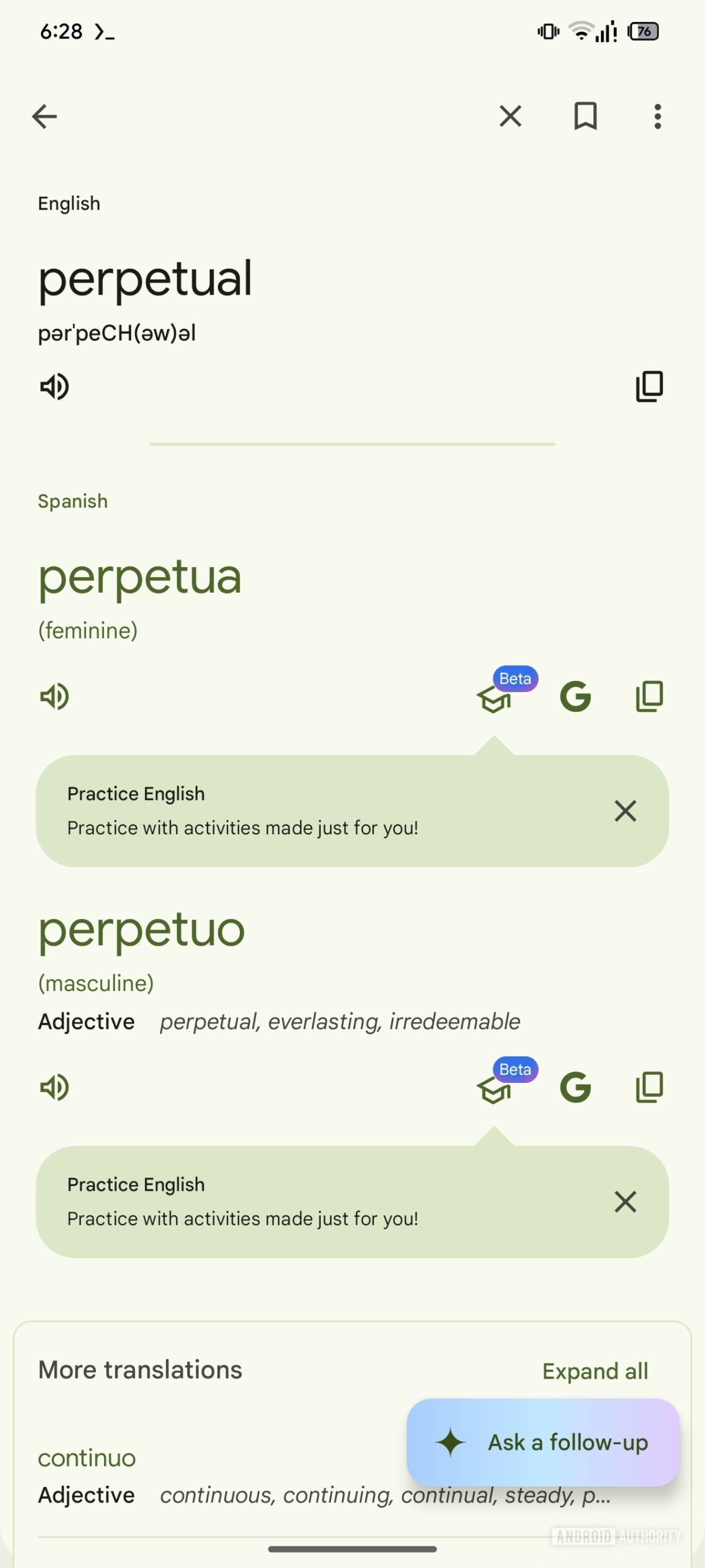 Google Translate with Practice button in Translation results page