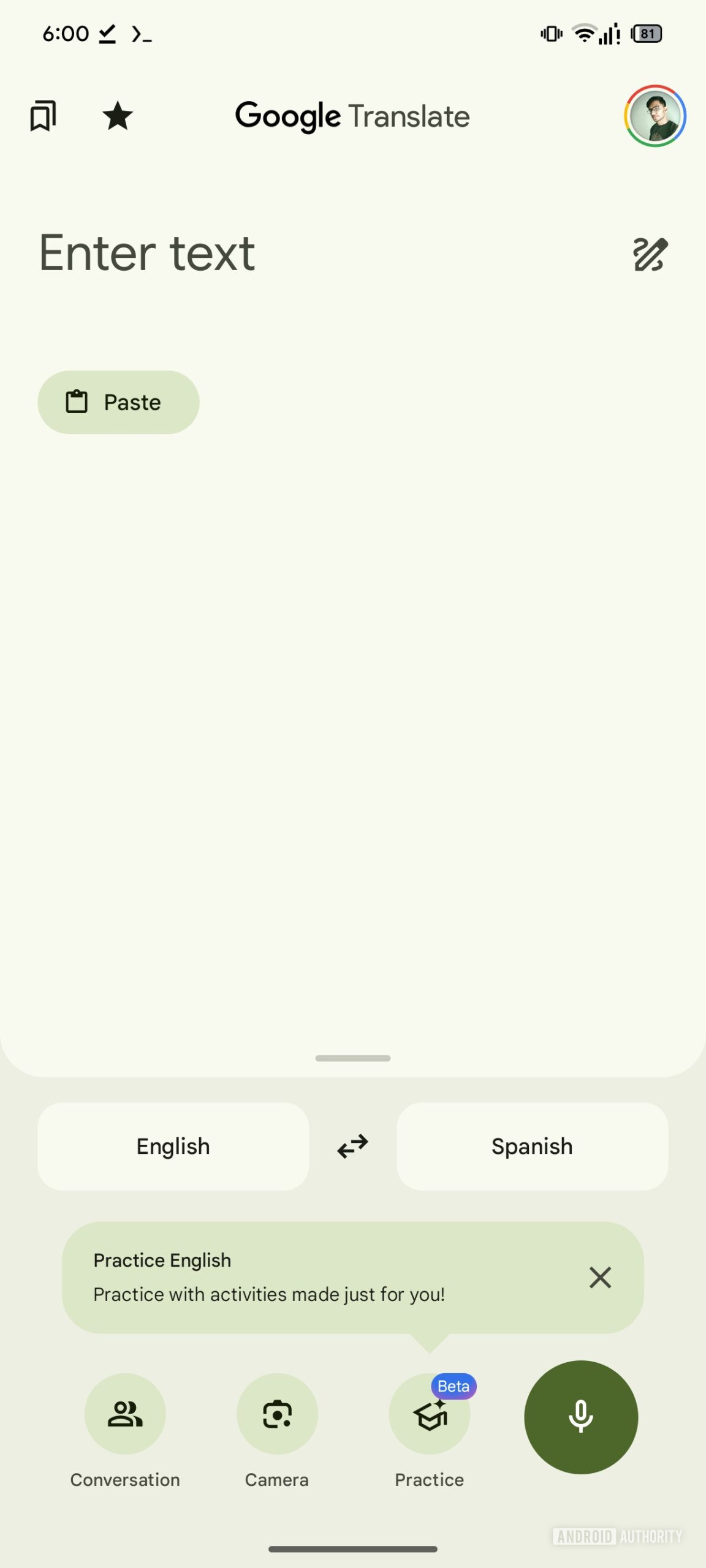 Google Translate with Practice button