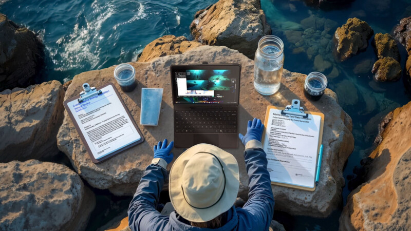 A person wearing a hat and gloves works on a laptop surrounded by clipboards, papers, and jars of water while sitting on rocky terrain beside blue ocean water.