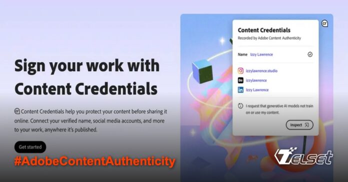 Antarmuka Adobe Content Authenticity dengan opsi verifikasi identitas dan sertifikasi karya digital
