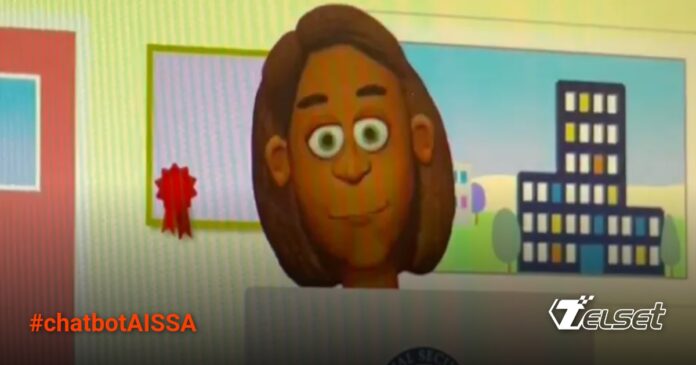 Ilustrasi chatbot AI dengan grafis kuno dan pegawai SSA yang frustrasi