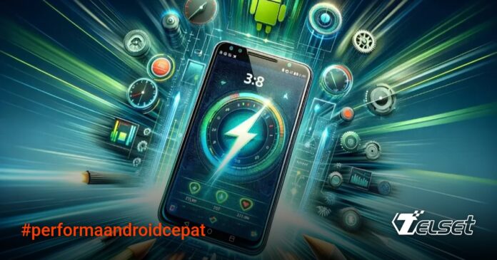 3 Rahasia Bikin Android Anda Kembali Secepat Baru Ilustrasi ponsel Android dengan ikon pengaturan dan panah yang menunjukkan peningkatan kecepatan