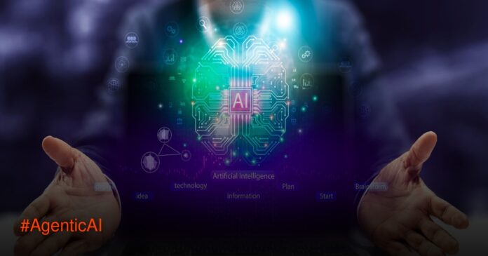 Ilustrasi Agentic AI dengan otak digital bercahaya di atas laptop
