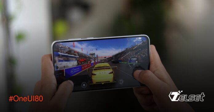 One UI 8.0 Bocoran: Peningkatan Performa Gaming & Efisiensi Baterai Ilustrasi smartphone Samsung dengan tampilan game dan simbol baterai penuh