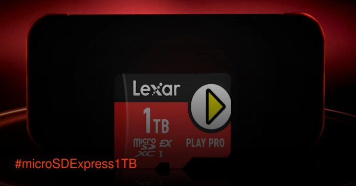 Lexar Luncurkan Kartu microSD Express 1TB Pertama di Dunia untuk Nintendo Switch 2 Kartu microSD Express Lexar Play Pro 1TB dengan latar belakang Nintendo Switch
