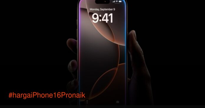 Ilustrasi iPhone 16 Pro dengan grafik kenaikan harga akibat tarif impor