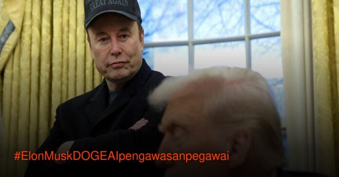 Ilustrasi AI mengawasi percakapan digital pegawai pemerintah dengan logo DOGE dan Elon Musk