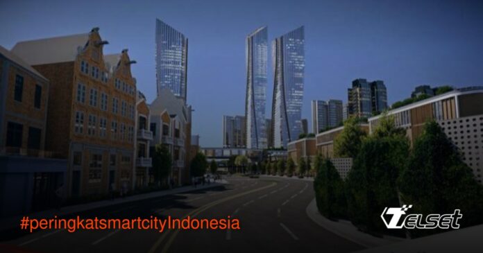 Peta digital kota pintar dengan ikon teknologi dan infrastruktur modern