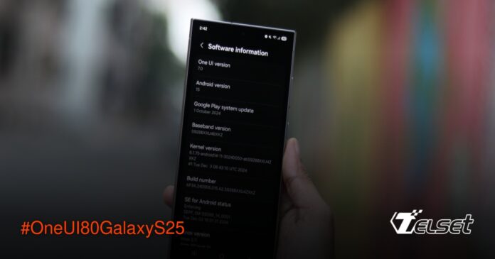 Ilustrasi smartphone Samsung Galaxy S25 dengan tampilan One UI 8.0