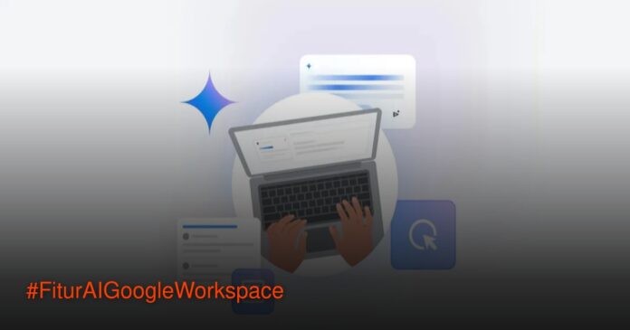 Ilustrasi antarmuka Google Workspace dengan ikon Docs, Sheets, Meet yang disinari efek AI berwarna biru
