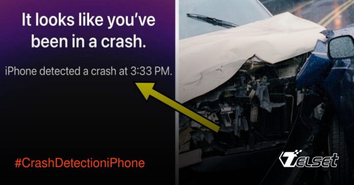 Ilustrasi iPhone dengan notifikasi Crash Detection aktif di layar
