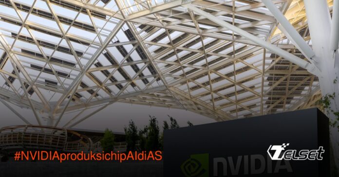 NVIDIA Pindahkan Produksi Chip AI ke AS: Strategi Hindari Tarif dan Kuasai Pasar Pabrik produksi chip NVIDIA di Arizona dengan latar belakang logo perusahaan