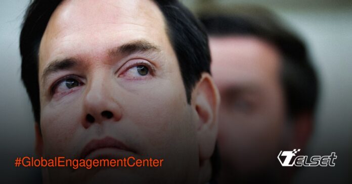 Gedung Departemen Luar Negeri AS dengan logo Global Engagement Center yang dicoret