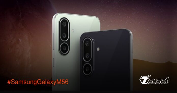 Samsung Galaxy M56 dalam warna Light Green dengan layar AMOLED+ dan desain ramping