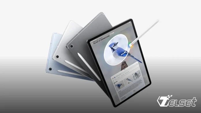 Galaxy Tab S10 FE Series dalam tiga warna: Gray, Silver, dan Blue dengan layar lebar dan S Pen