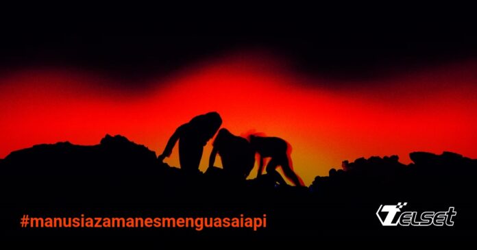 Ilustrasi manusia purba mengendalikan api di tengah Zaman Es