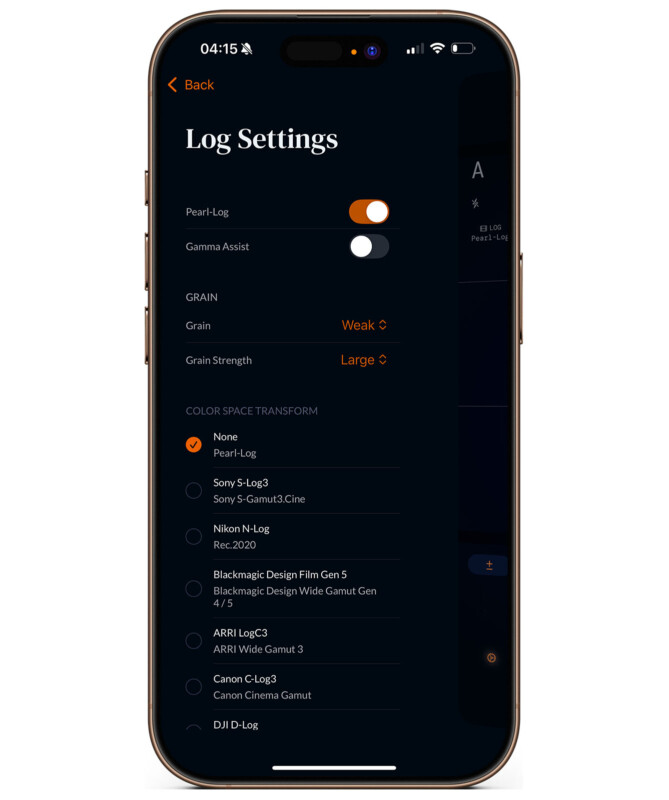 A smartphone displays a 'Log Settings' screen with options for Pearl-Log, Gamma Assist, Grain (set to Weak), Grain Strength (set to Large), and various color space transform choices such as Sony S-Log3 and ARRI LogC3.