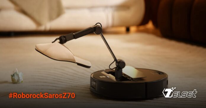 Roborock Saros Z70: Robot Vacuum dengan Lengan Mekanis dan AI Canggih Roborock Saros Z70 dengan lengan mekanis sedang membersihkan lantai