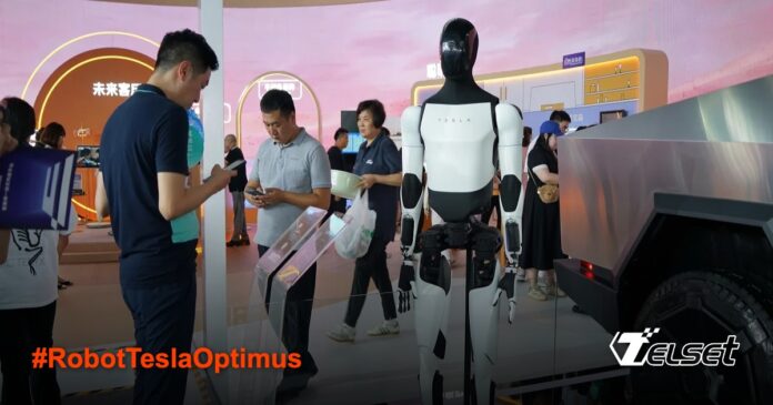 Tarif Trump vs Robot Tesla: Mampukah Optimus Bertahan dari Perang Dagang? Elon Musk dan Donald Trump dengan latar belakang robot humanoid Tesla Optimus