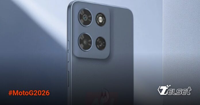 Render bocoran Moto G Power 2026 dengan desain kamera vertikal dan backcover plastik warna Pantone 431C