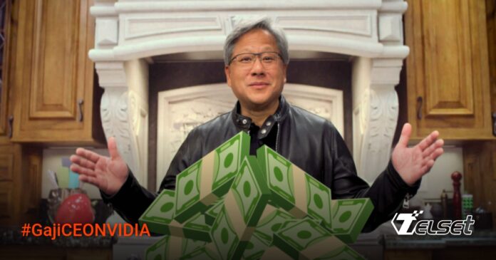 Gaji NVIDIA CEO Jensen Huang Naik Drastis Jadi Rp 800 Miliar Setahun Jensen Huang CEO NVIDIA sedang presentasi di panggung konferensi teknologi