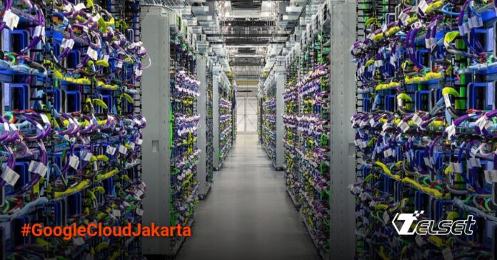 Ilustrasi pusat data Google Cloud di Jakarta dengan simbol AI dan komputasi awan
